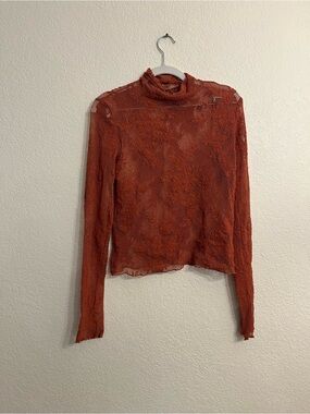 Free People Sheer Lace Mock Neck Long Sleeve layering Top - Rust Orange